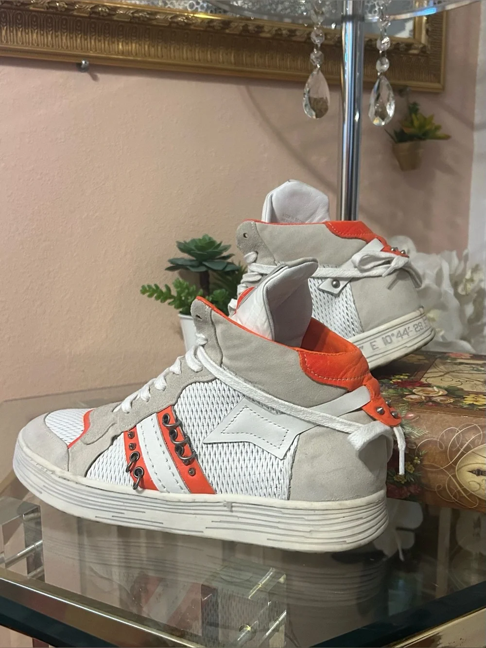 A.S.98 Women's High-Top Punk Rock Sneakers in White & Orange Size 40/9-9.5